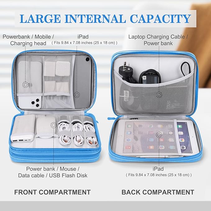 FYY Electronic Organizer, Extra Large Travel Cable Organizer Bag Pouch Portable Waterproof Double Layers All-in-One Storage Bag for iPad, Cable, Power Bank, Laptop Charger for Office/Home, Cyan
