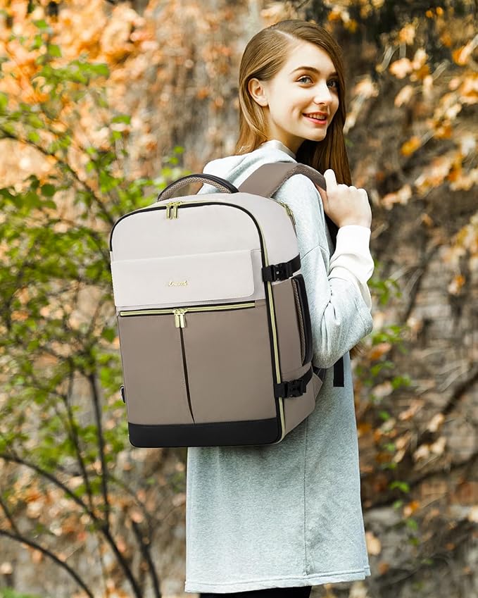 LOVEVOOK Travel Backpack for Women, TSA Carry On Backpack Flight Approved Luggage, 40L Water Resistant Personal Item Daypack Large Weekender Bag fit 17 inch Laptop with 3 Cubes, Beige-khaki-black