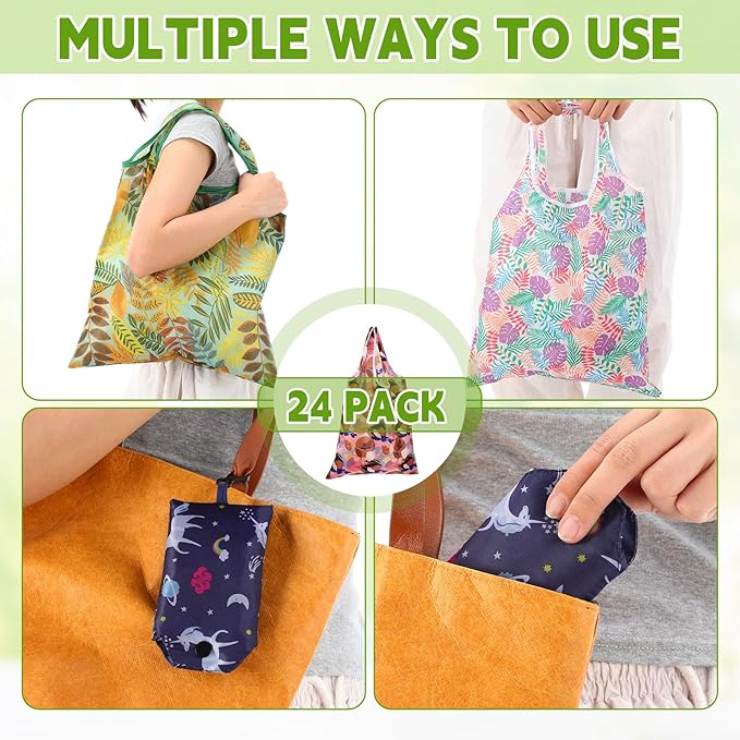 Paterr 24 Pcs Foldable Reusable Shopping Bag Recycle Travel Grocery Bag Fold to Pocket Tote Bulk for Daily Supplies Load