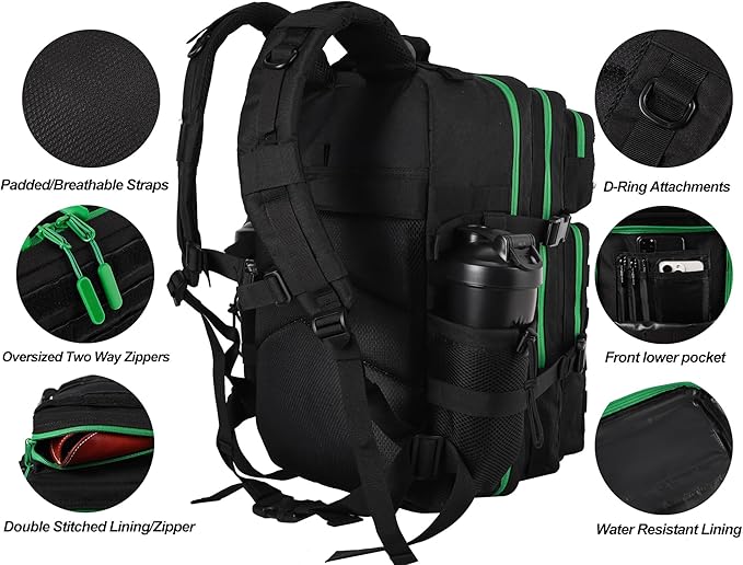 LHI Military Tactical Backpack for Men and Women 45L Army 3 Days Assault Pack Bag Large Rucksack with Molle System - Black with green zipper