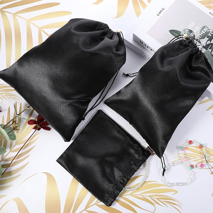 Toy Storage Bags, 6 Pcs Quality Satin Silk Drawstring Pouch Adjustable Microfiber Toy Organizer Bags Gift Bag Foldable Ditty Bag for Women Men Toys Underwear Sunglasses Cosmetic, 3 Sizes (Black)