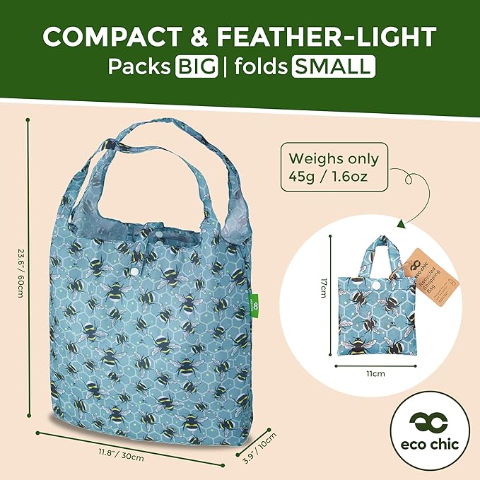 ECO CHIC Foldable Reusable Grocery Bags - Lightweight, Recycled & Reusable Shopping Bag - Waterproof Packable Tote