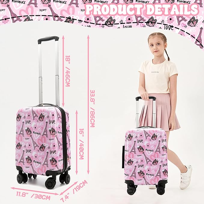 Kid's Luggage Set 16" Hardside Luggage with Spinner Wheels 2 Piece Suitcase Set Girls Carry on Toddler Travel Rolling Suitcase with Neck Pillow Airline Approved
