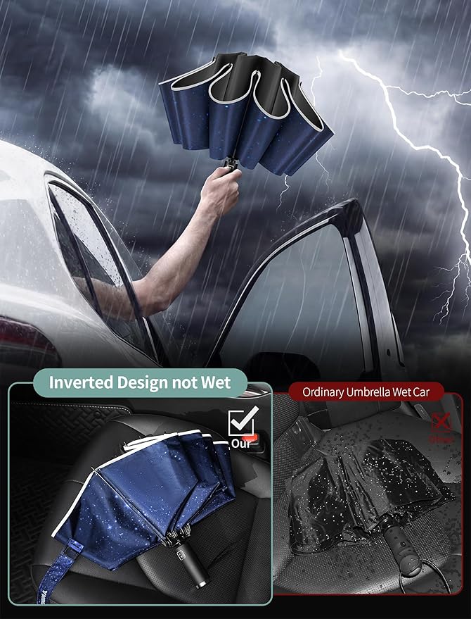 Seniny Inverted Travel Umbrella Compact - Windproof Umbrellas for Rain with Reflective Strip, Large UV Umbrella for Sun Protection, Automatic Portable Umbrellas Fold in Reverse for Car, Backpack