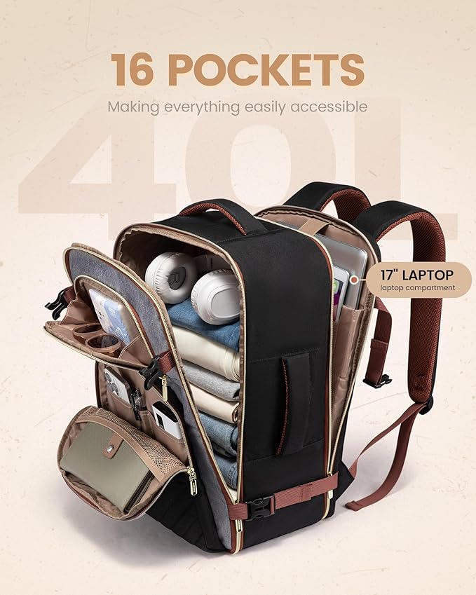 LOVEVOOK Travel Backpack Carry on Flight Approved 40L,Waterproof TSA Travel Essentials Personal Item Backpack for Women Men,Large Carry on Luggage Suitcase Travel Bag for Airplane with 3 Packing Cubes