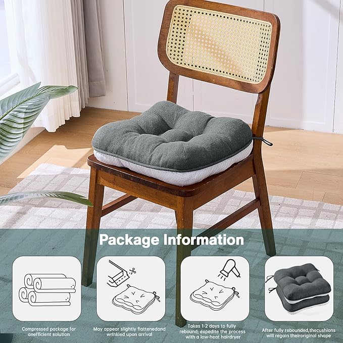 BETU Chair Cushions for Dining Chairs Set of 6,3.5" Thick Kitchen Table Chair Pads with Ties,Non Slip Backing and Covers, Seat Cushion for Dining Room,Bar,Patio Chairs,16"X16"X3.5",Dark Grey