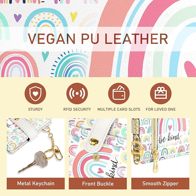 Jogjam Rainbow Be Kind Rfid Women Wallet, Small Slim Thin Credit Card Wallet, PU Leather Bifold Cash Zipper Coin Pocket ID Window for Female Ladies Teen Girls Girly