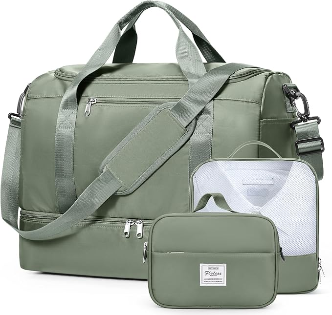 Travel Duffel Bag for Women, Carry-on Overnight Weekender Bags with Wet Pocket & Toiletry Bag, For Spirit Airlines 18x14x8 Personal Item Bag,3 Pcs Set,Small,Olive Green