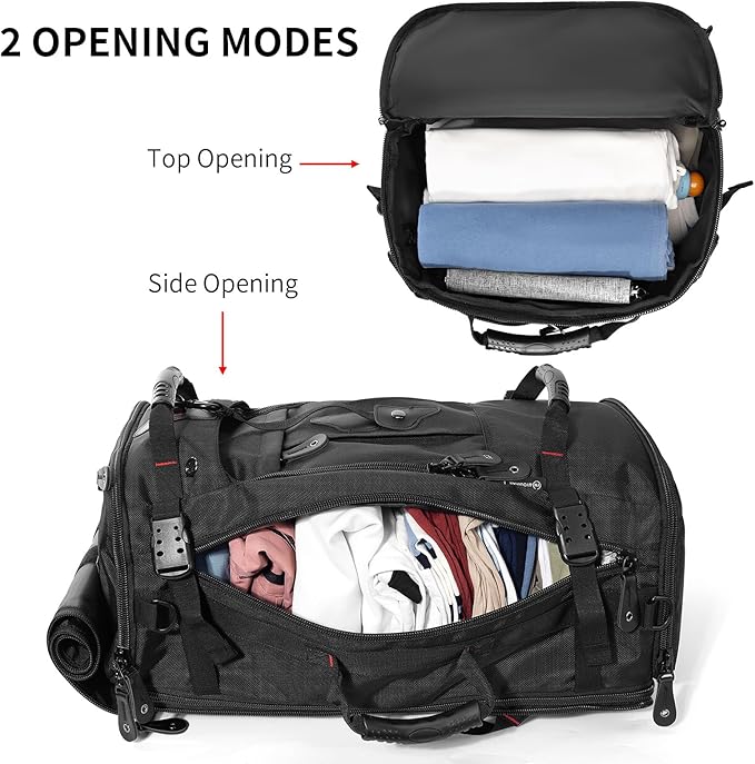 Large Capacity For Travel Hiking Sports Carry On Backpack Durable Convertible Duffle Bag Laptop airplane (Black, 60L-Large DualMainOpening)