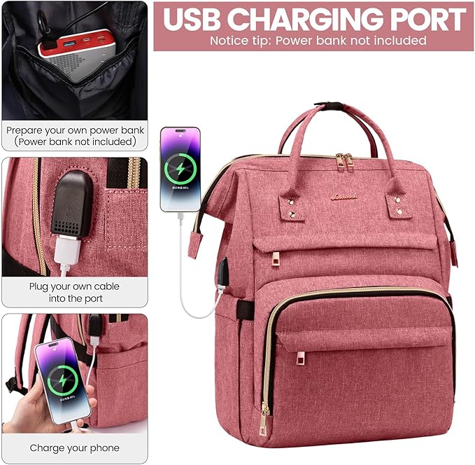 LOVEVOOK Laptop Backpack for Women,17 Inch Professional Womens Travel Backpack Purse Computer Laptop Bag Nurse Teacher Backpack,Waterproof College Work Bag Carry on Back Pack with USB Port,Light-red
