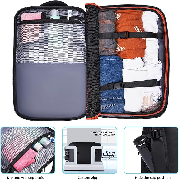 TANGCORLE Carry on Backpack for Women Men 40L Flight Approved Travel Backpack Fit 17 Inch Laptop with USB Charging Expandable Business Weekender