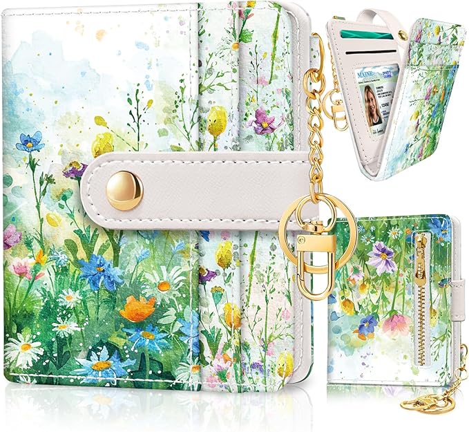 Jogjam Floral Green Rfid Ladies Wallet, Small Slim Thin Compact Credit Card Women Wallet, Spring Flowers PU Leather Bifold Cash Zipper Coin Pocket ID Window for Female