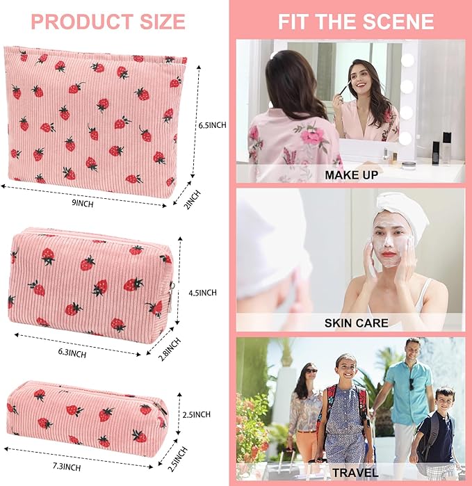 EIMMBD Makeup Bag 3 Pieces Large Capacity Cosmetic Bags Travel Toiletry Bag Organizer Cute Makeup Pouch Storage for Women(Pink Strawberry)
