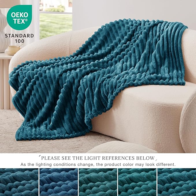 EXQ Home Fleece Throw Blanket for Couch or Bed - 3D Stripe Jacquard Decorative Blankets - Cozy Soft Lightweight Fuzzy Flannel Blanket Suitable for All Seasons(50"×60",Teal)