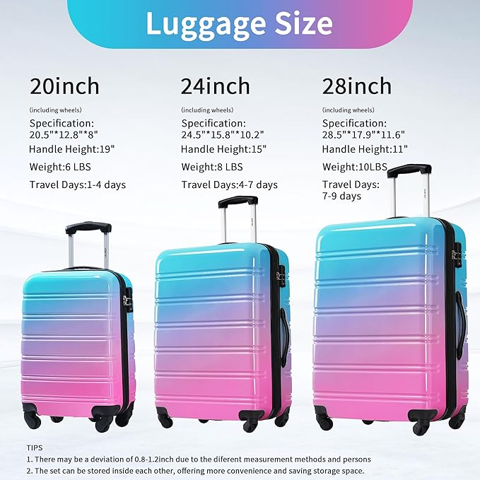Merax Suitcase Set, Hardshell Luggage Sets 3 Piece with Spinner Wheels, Expandable Gradient Color Suitcase with TSA Lock Lightweight 20" 24" 28", Blue and Red