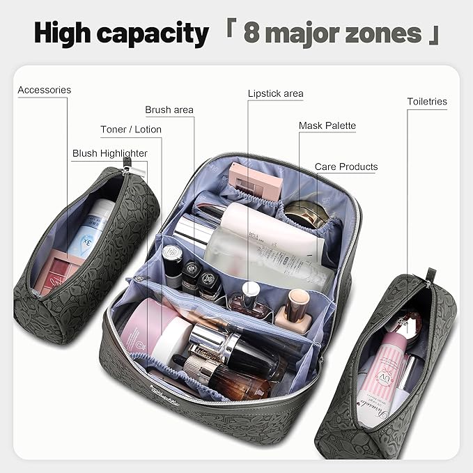 BOYATU Travel Makeup Bag Cosmetic Bags for Women: Large Capacity 3 Pcs Set Make up Bag with Compartments - Waterproof Vegan Leather Toiletry Organizer Bags with Handle (Z-62Grey)