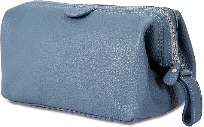 KomalC Premium Buffalo Leather Toiletry Bag for Men & Women With Water resistant Lining, Grooming Travel Pouch, Unisex Wash Bag for Toiletries, Gifts for Men and Women