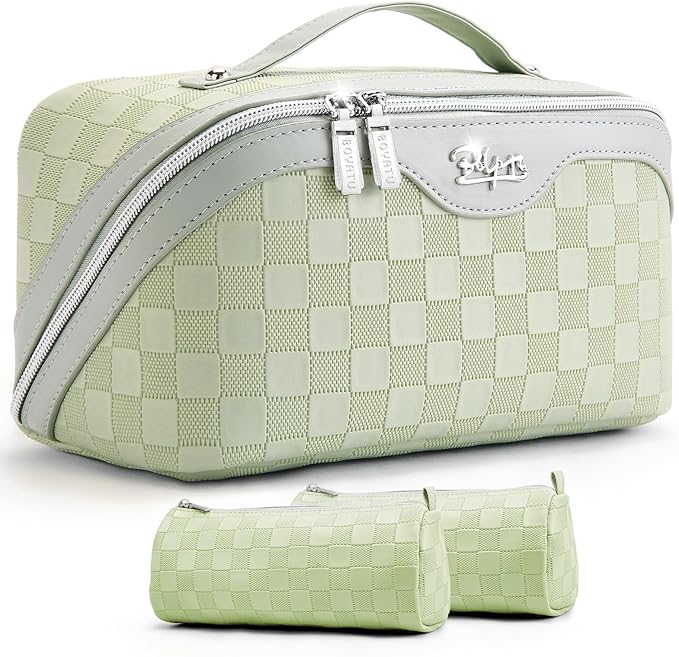 BOYATU Travel Makeup Bag Organizer: 3 Pcs Set Large Capacity Cosmetic Bags Holds 10–20 100ml Full-Size Bottles - 180°Open-Flat Make up Case 3-sec touch-up - Toiletry Bag Gift women (01-D-Green)