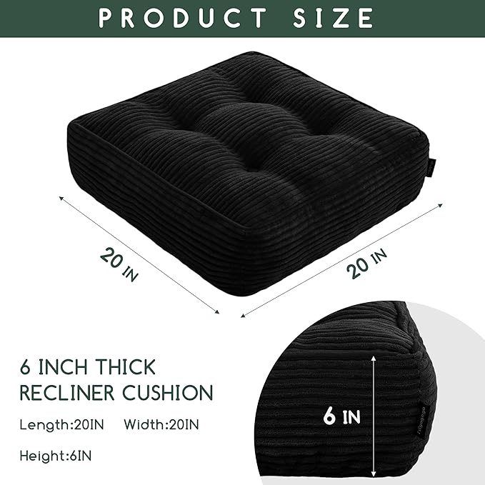 HIGOGOGO Tufted Corduroy Recliner Seat Cushion for Elderly, 20x20x6 Inch Extra Large Square Seat Cushion for Recliner Chair, Floor Pillow, Office Chair, Car, No Pressure on Thighs, Black