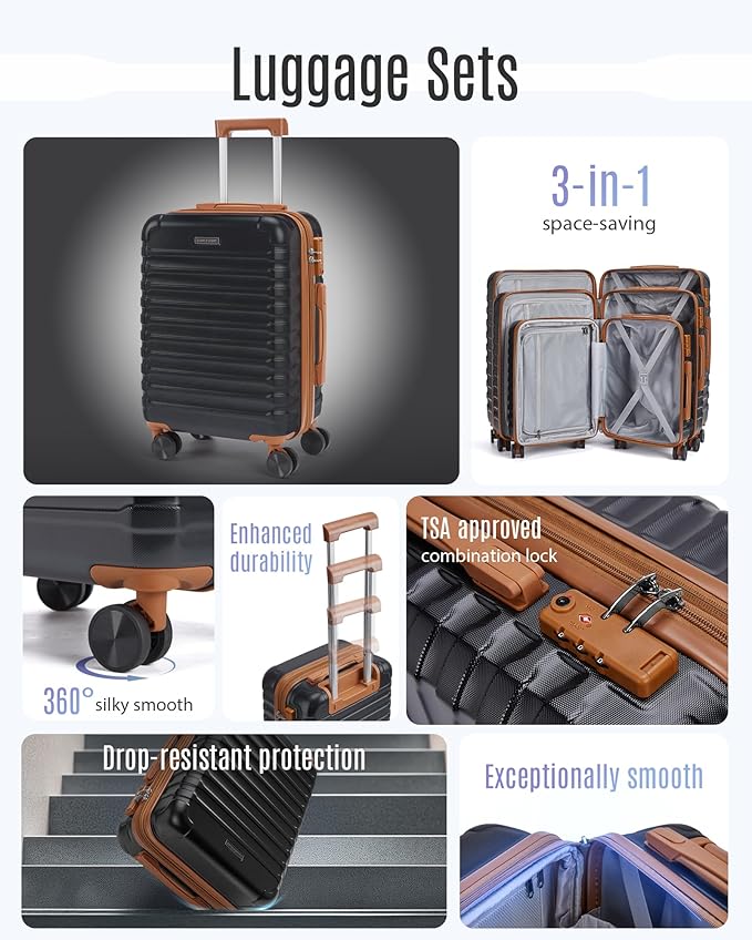 LIGHT FLIGHT Luggage Sets, 3 Piece Durable Suitcase Set with Spinner Wheels, 3 Pcs Hardside Lightweight luggage with TSA Lock, Large Checked Travel Suitcases, 20/24/28 Inch,Black/Brown