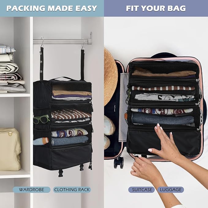Surblue Travel Hanging Luggage Organizer Portable Suitcase Closet Organizer Multiple Compartments Collapsible Compression Packing Cubes Shelf, Black, M