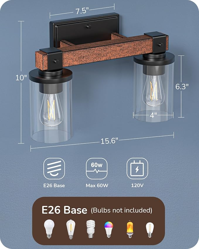 EDISHINE 2-Light Painted Wood Wall Sconces, Farmhouse Vanity Light Fixture | Clear Glass Shade, Up & Down Mounting Optional, E26 Base, Rustic Charm, Waterproof for Bedroom, Powder Room