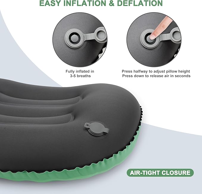 Ultralight Inflatable Camping Pillow with Soft Cover, Compact Compressible Portable Travel Air Pillow, Blow Up Camp Pillows for Outdoor Camp Sport Hiking Backpacking Travel Essential Green