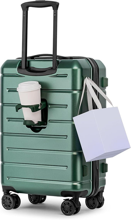 KYME Carry On Luggage 22x14x9 Airline Approved Hardshell Carry On Suitcases with Wheels Travel Rolling 20 Inch Luggage with Cup Holder for Men Women,Carry-on Green