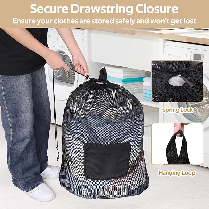 OTraki Mesh Laundry Bag Backpack 24x32 Inch Gym Drawstring Backpack Travel Dirty Clothes Bags with Pocket & Adjustable Shoulder Straps for College Dorm Apartment Don't Drying, Melting 140-176℉ (Black)