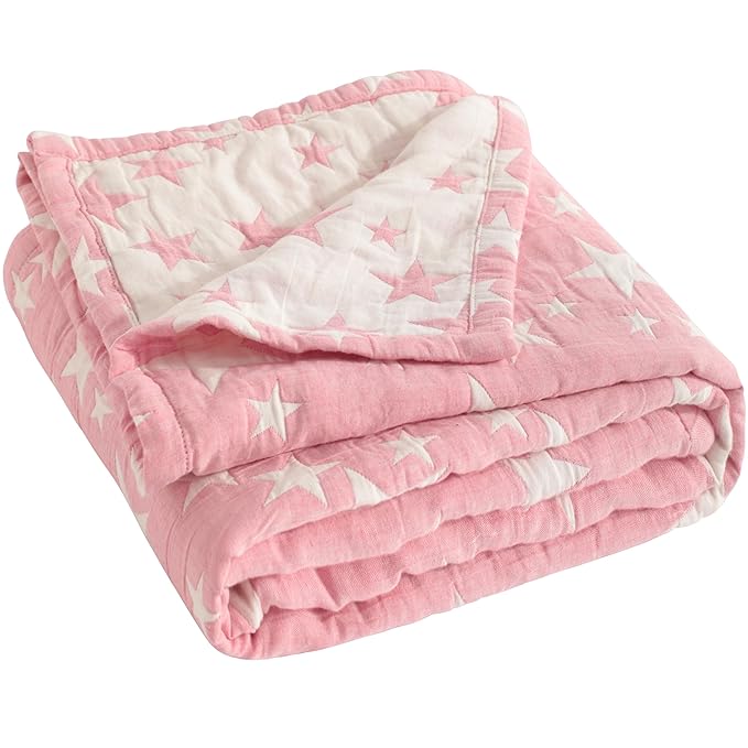 NTBAY 3 Layer Toddler Blanket, Muslin Cotton Jacquard Bed Blankets, Lightweight Thermal Baby Blanket, Super Soft and Warm Crib Blanket for All Seasons, Decoration Gift, 30"x40", Pink Star