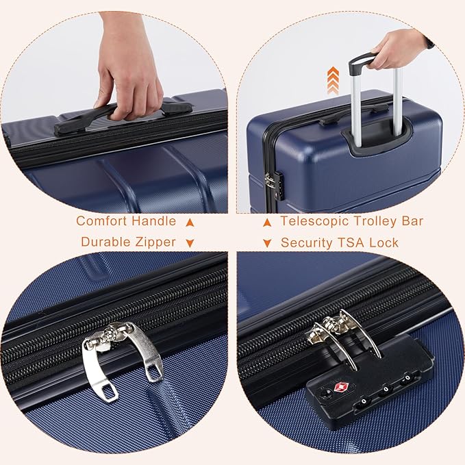 Sweetcrispy Carry on Luggage, Hard Shell ABS Suitcase with Double Spinner Wheels, Lightweight Expandable Rolling Suit Case with TSA Lock, 20 Inch Navy Blue