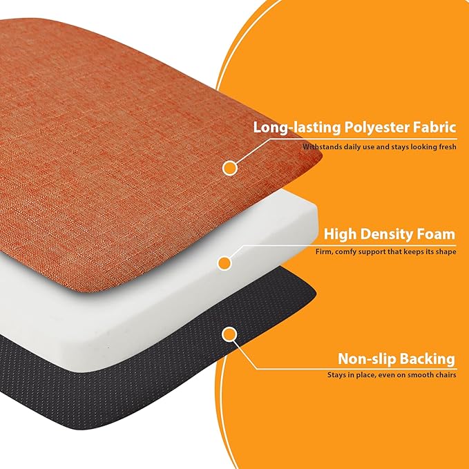 Chair Cushions for Dining Chairs, 2" Thick Seat Cushions for Kitchen Chairs, D-Shaped Chair Pads with Washable Cover, Ties and Non Slip Backing, 17'' x 16'', Set of 4, Orange