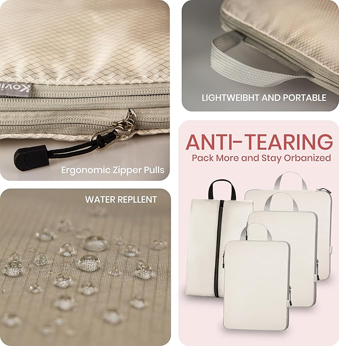 Compression Packing Cubes for Travel, Set of 4 Expandable Luggage Organizers with Shoe Bag, Lightweight Water-Resistant Suitcase Essentials for Carry-on & Checked Luggage, Cream