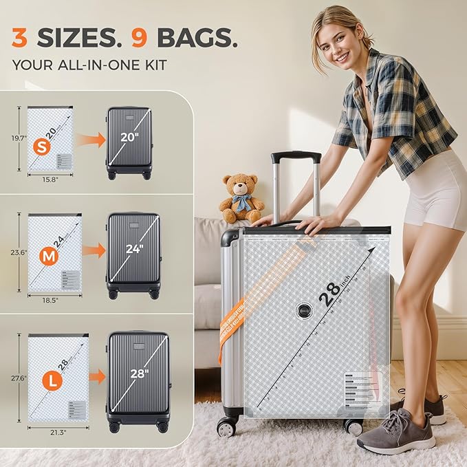 Nicetree 9-Pack Vacuum Storage Bags with Rechargeable Wireless Pump, 3 Sizes (20/24/28 Inch) Travel Vacuum Seal Bags for Clothing, Bedding & Seasonal Storage, Space Saver for Luggage