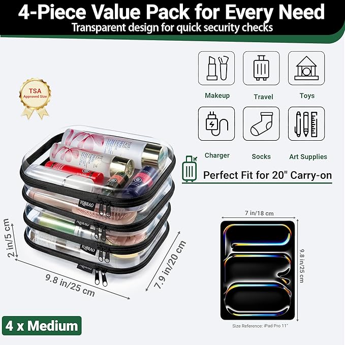 YQBRA 4 Pack Clear Hard Shell Zipper Case, See-Through Hard Plastic Organizer Pouches with Zipper for Travel, Toiletries, Makeup, Toy, Electronics & Pencils - Crush-Resistant Storage (M Black)