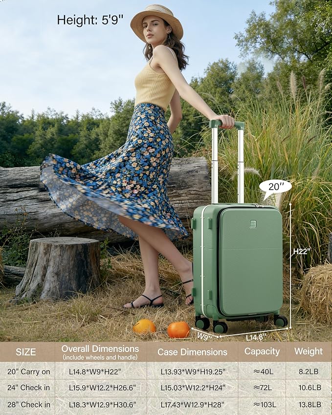 Hanke 20 Inch Top Opening Carry On Luggage, Hard Shell Suitcase with Cup Holder,USB Charging Port, Aluminum Frame with TSA Lock, 8 Spinner Wheels, Dry-Wet Separation & Removable Dividers,Forest Green