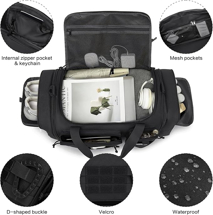 3 in 1 Tactical Gym Bag Backpack for Men 40-45L Expandable Travel Duffle Bag for Women Large Military Sport Duffel Bags Weekend Overnight with Shoe Compartment & Wet Pocket for Fitness, Black