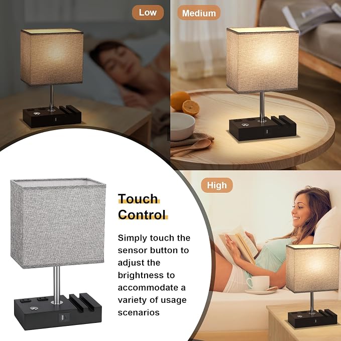 Touch Bedside Table Lamp for Bedroom, 3-Way Dimmable, USB C+A, 2 AC Outlets | Base Touch Button Only, USB C+A Ports, 2 Phone Stands, LED Bulbs Included, Rectangle Grey Lampshade, for Living Room, Desk