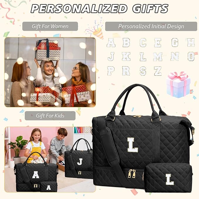 Gifts for Women Initial Travel Duffle Bag Quilted Weekender Carry-On Overnight with Cosmetic Bag, Gym Bag with Shoe Compartment Hospital Bag for Labor Delivery, Black L