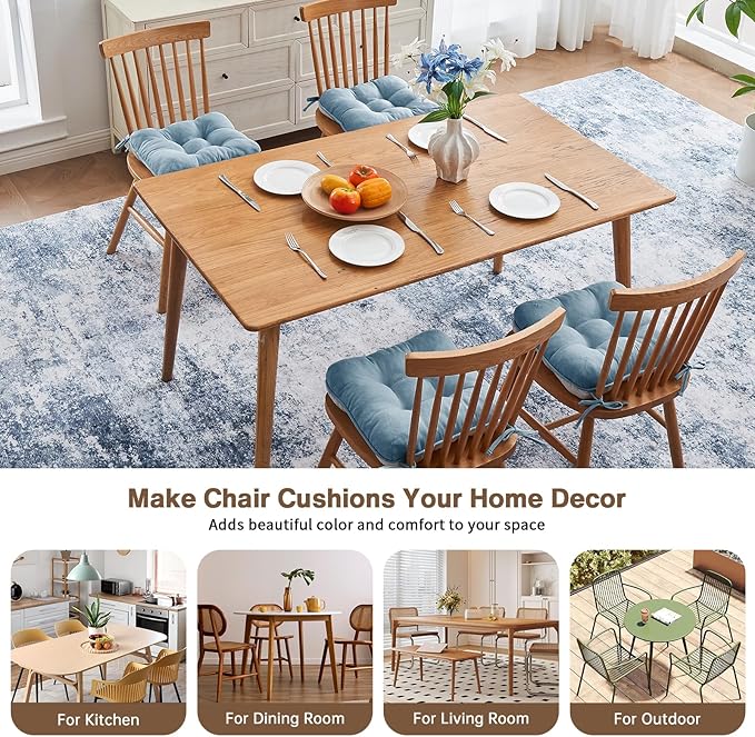 BETU Chair Cushions for Dining Chairs Set of 4,3.5" Thick Kitchen Table Chair Pads with Ties,Non Slip Backing and Covers, Seat Cushion for Dining Room,Bar,Patio Chairs,16"X16"X3.5",Smoky Blue