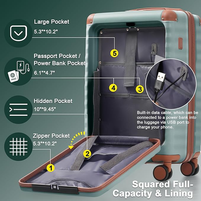Merax Luggage Sets Front Opening, 3 Piece Hardshell Suitcase with Spinner Wheels and Bags,Lightweight Carry on Luggage with USB Port and Cup Holder,20+24+28,Blue Green