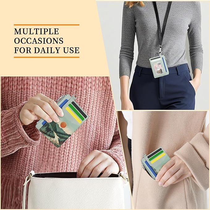 Hancynir Slim Wallet Women Credit Card Holder, Mountain Sunset RFID Blocking Small Mini Card Wallets, Cute Front Pocket PU Leather Card Case, Thin Travel Zipper Coin Cash Ladies Female Wallet Gifts