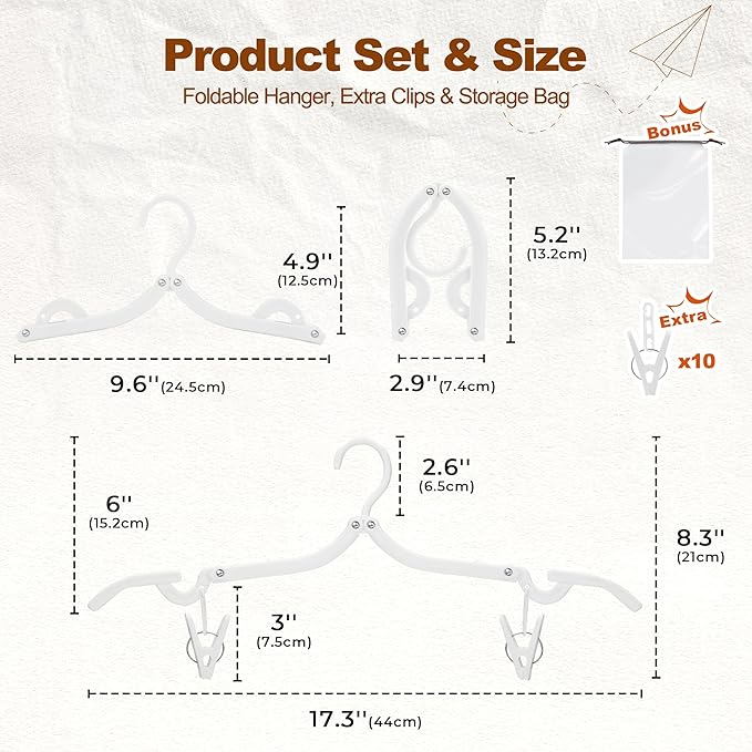 HOUSE DAY Foldable Travel Hangers 20 Pack w/10 Clips, Cruise Essentials 2025, Portable Hangers Collapsible Hanger Plastic, Travel Must Haves for Suitcase, Hotel, RV, Road Trip, Flying, Camping-White