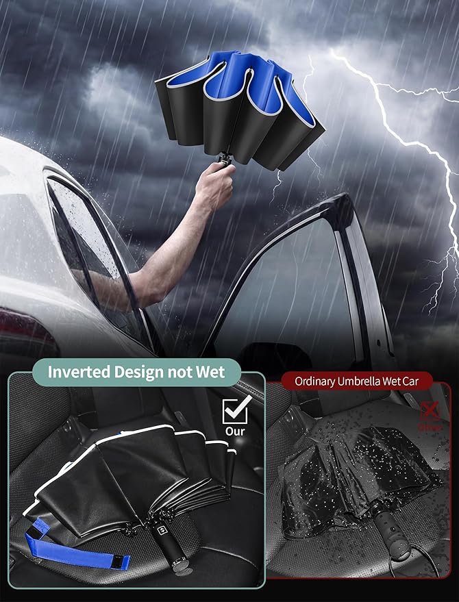 Seniny Inverted Travel Umbrella Compact - Windproof Umbrellas for Rain with Reflective Strip, Large UV Umbrella for Sun Protection, Automatic Portable Umbrellas Fold in Reverse for Car, Backpack