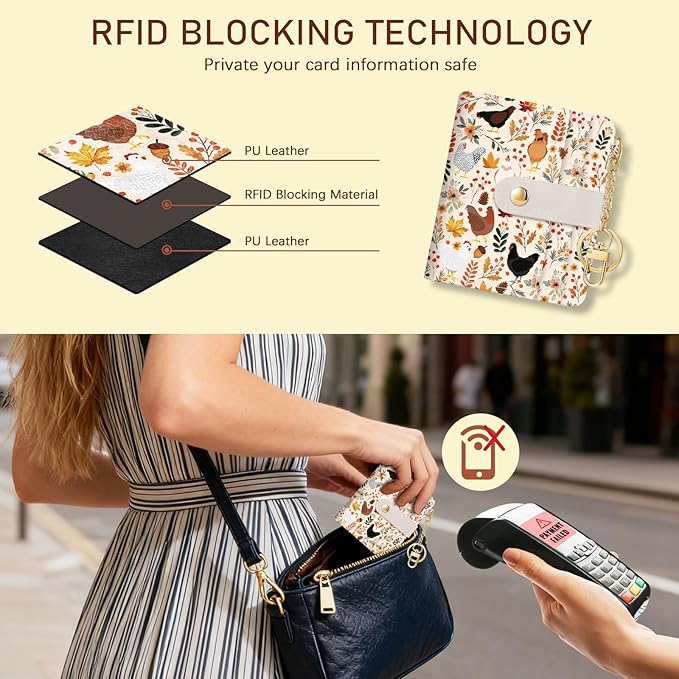 Jogjam Chicken Mushroom Leaves Rfid Women Wallet, Small Slim Thin Compact Credit Card Wallet, PU Leather Bifold Cash Wallet, Zipper Coin Pocket ID Window, Female Ladies Holiday Gifts
