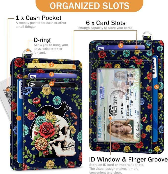 Yonlevres Skull Cat Credit Card Holder Slim Wallet, RFID Wallet Women Front Pocket Wristlet Lanyard, Small Card Holder Travel Funny Cute Thin Card Case ID Window PU Leather Card Organizer Gifts Girls