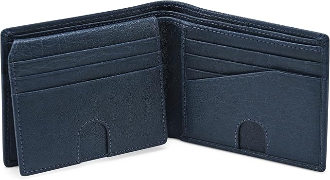 RFID Bifold Leather Wallet For Men with Flip Up ID Secure and Durable Extra Capacity Billfold with 11 Credit Cards in Vintage Buffalo Blue, Tight Stitching & Quick Thumb Push Access, Gift Boxed