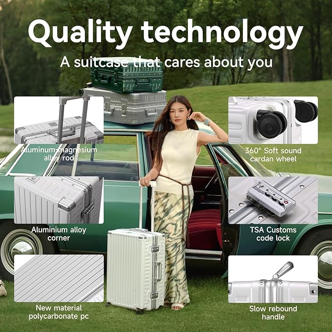 ROAMING Zipperless Luggage Airline Approved with Aluminum Frame, Lightweight PC Hardside Luggage with Spinner Wheels, Metal Travel Luggage with Double TSA Locks, Carry On 20 Inch, Shell white