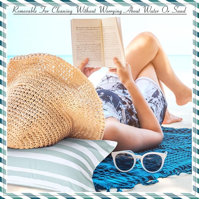 Menkxi 17"x10" Inflatable Beach Pillow with Removable Cover, Beach Chair Backpacking Pillow with Strap Stripe for Summer Sand Pools Travel Vacations(Green White)