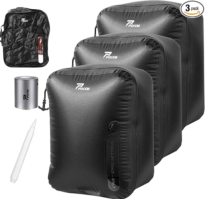 Vacuum Bags for Travel with Wireless Pump, 180° Open Zipper, IP67 Waterproof, Reusable Space Saver Compression Bags for Backpack, Suitcase, Home Storage(3 Pack + Pump)